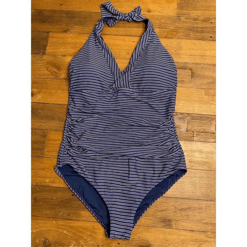 Striped Halter One-Piece Swimsuit - Navy & White